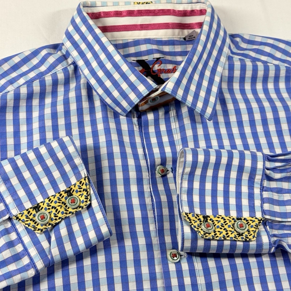 Robert Graham X Flip Cuff Button Shirt Blue Gingham Check Men's L‎ Cotton - Picture 9 of 16